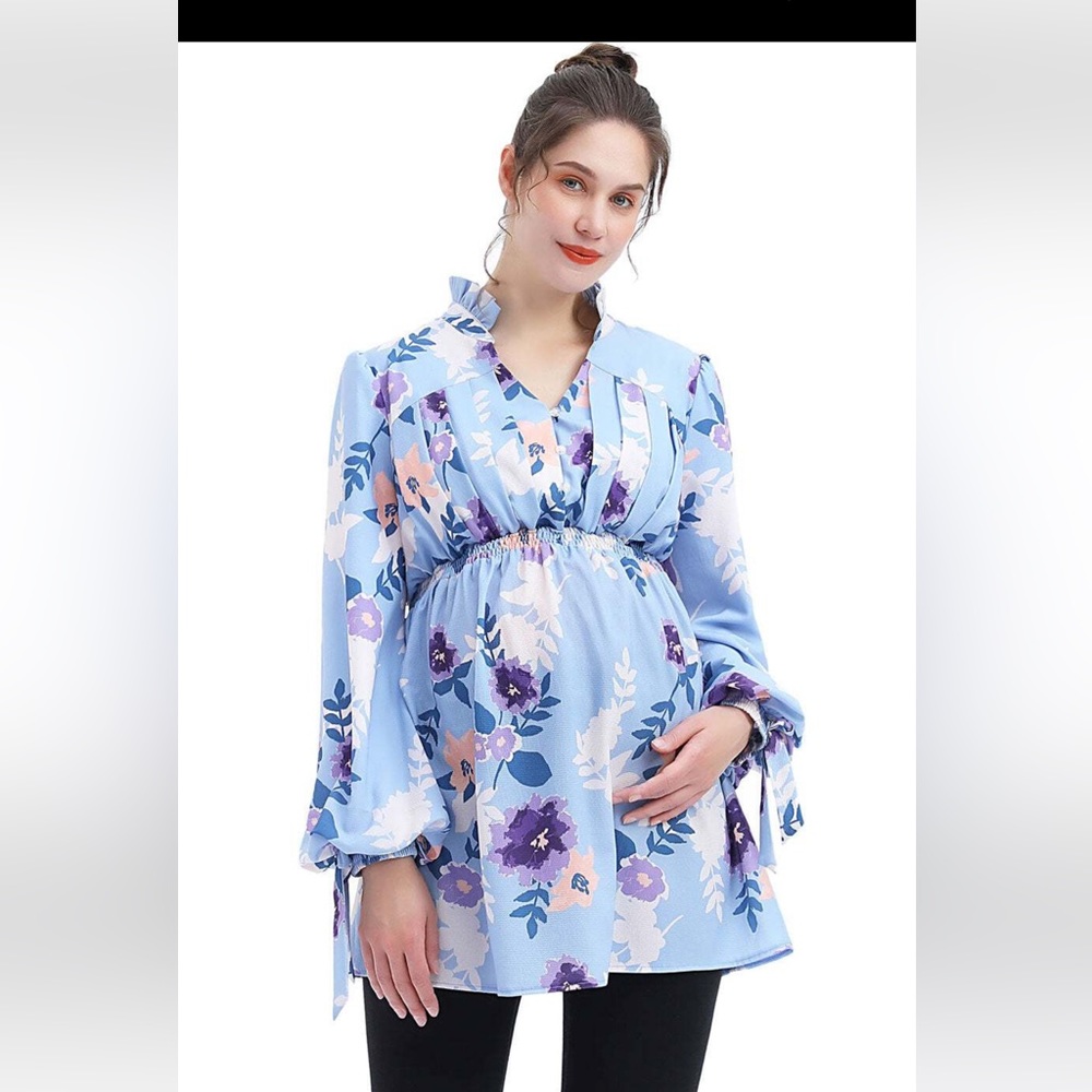 Kimi + Kai maternity blouse, light blue with floral print, size small